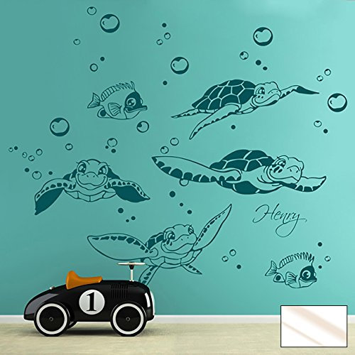 Wandtattoo Wandaufkleber Schildkröten Turtles mit Fischen Wasserblasen und Wunschnamen M1755 - ausgewählte Farbe: *Milchglas* - ausgewählte Größe: *XXL - 160cm breit x 120cm hoch*