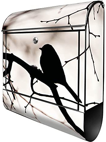 banjado® Design Briefkasten mit Früher Vogel 38,5x46,5x13cm & 2 Schlüssel - Briefkasten Stahl schwarz mit Zeitungsfach pulverbeschichtet - Postkasten A4 Einwurf inkl. Montagematerial