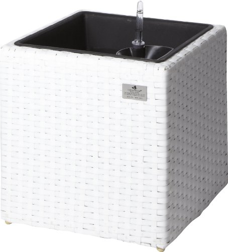 Gartenfreude Pot à Fleurs en résine tressée avec Insert en Plastique et équipé d'un système d'irrigation, pour l'intérieur et l'extérieur, de Couleur Blanc 37 x 37 x 37 cm