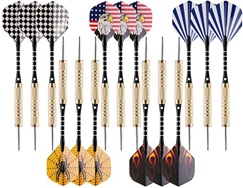 UZOPI Dartpfeile mit Stahlspitze, 18 g, mit Dartschärfer und 3 extra Flights, Aluminium-Schäfte und Messing-Barrels, für Fitnessräume, Männerhöhlen, Bars und Spieleziemmer. 15 Stück