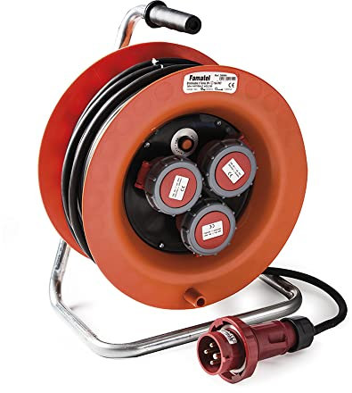 FAMATEL – Avvolgicavo IP67 3 prese | Industriale | 3P+T | 16A | 380V | Spina industriale 3P+T 16A - 380V | Cavo Neoprene | 4x2,5 | Interruttore