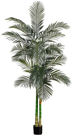 Nearly Natural 8FT Artificial Golden Cane Palm Tree, Fake Palm Tree with Two Realistic Trunks and Lifelike Palm Leaves, Faux Palm Plant for Indoor Home Décor with Black Nursery Planter