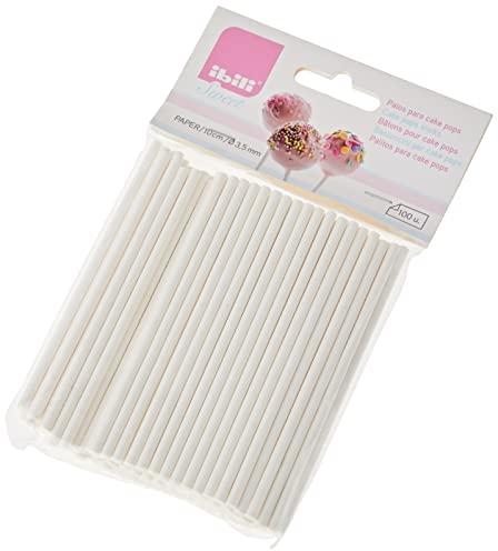Ibili 786510 Lot de 100 Bâtons pour Cake Pops Papier 10 cm, Blanc