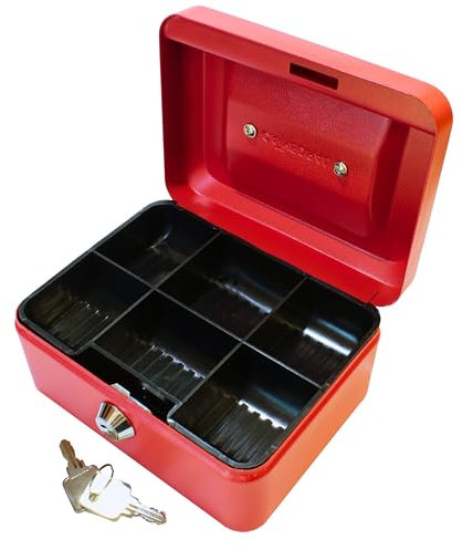 Cathedral Products Key Lockable Cash Box with Lift Out 6 Compartment Coin Tray - 6 Inch - Red