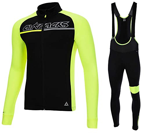 Airtracks Herren Winter Fahrradtrikot Set Pro Team II - Thermo Trägerhose Pro Team II - Thermo Fahrradtrikot Pro Team - optimal für Herbst - Winter - schwarz-neon - L