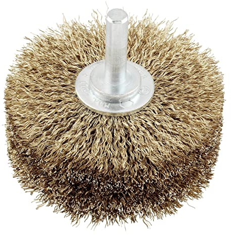 kwb Holzstruktur-Bürste, Messing-Beschichtet, fein, gewellt, HSS-Stahldraht, Ø 80 mm für Metall und Holz, Drahtbürste für Bohr-Maschine inkl. E6.3 Sechskant-Schaft