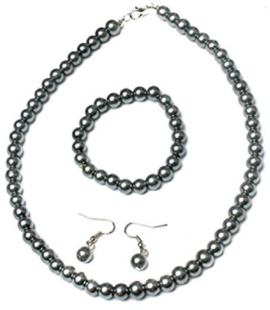 Jay Jewellery -Grey Glass Pearl Necklace with Earrings and Bracelet