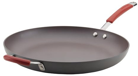Rachael Ray Hard Anodised Nonstick 36cm Family Frying Pan, Dishwasher Safe with Red Helper Handle