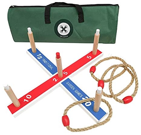 Traditional Garden Quoits Game Set – Wooden Ring Toss Game for Indoor & Outdoor Family Fun, Includes Portable Carry Bag, Durable Wooden Construction