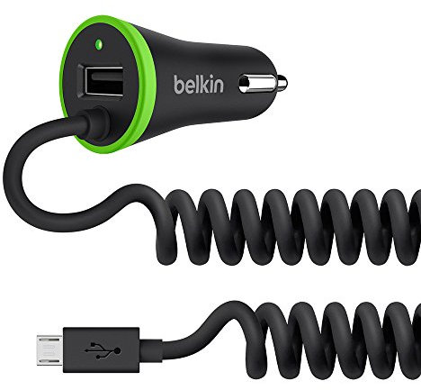 Belkin 3.4A Lightning In-Car Fast Phone Charger with Micro-USB Spiral Cable and Integrated USB Port for Tablets and Smartphones (40 Percent Faster Charging) - Black