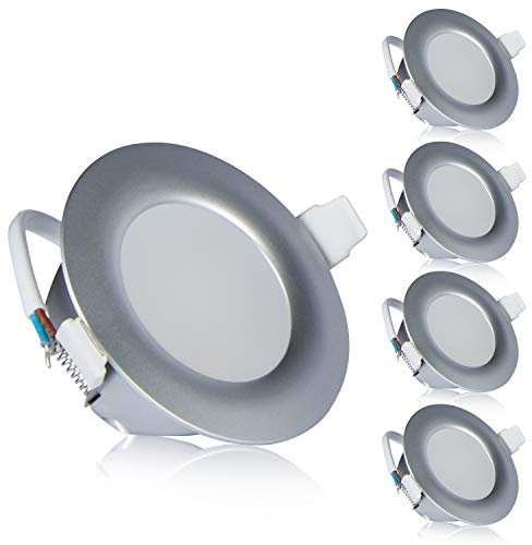 TEVEA PREMIUM LED Einbauleuchte - 230v - LED Einbaustrahler - helles, reines Licht - Deckenspot - Ultra Flach - IP44 - Energieklasse A+ - (5-er set) - Silber - Neutralweiss