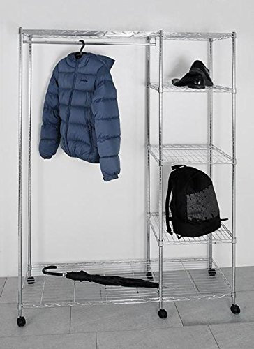 Haku Rollgarderobe aus Stahl verchromt, mit Kleiderstange,Gitterrostablagen und 4 zusätzlichen Ablagen, 43685, 43685