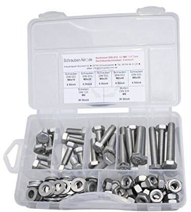 Sortiment Edelstahl V2A Schrauben DIN 933, Muttern sechskant DIN 934 und Scheiben DIN 125, Sechskantschrauben mit Gewinde bis Kopf M8 alles in A2, VA bzw. Nirosta, 118 Teile