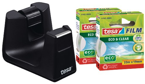 tesafilm Easy Cut Smart Dispenser per Nastro Adesivo, Dispenser Compatto da Scrivania con Stop Pad, Incluso di Rotolo Adesivo Tesafilm Eco & Clear 2x 33 m x 19 mm, Colore: Nero