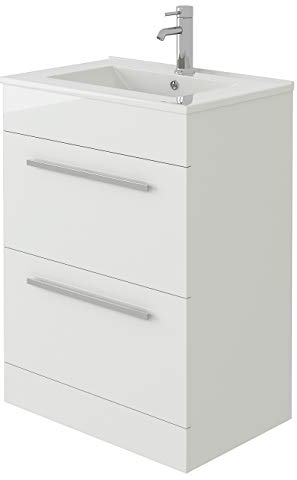VeeBath Venus 600 Vanity Unit, Wash Basin Bathroom Sink, Soft Close Drawer and Flap, Cloakroom Wall Mounted Storage Cabinet- White,Slim Edge (Flat Pack)