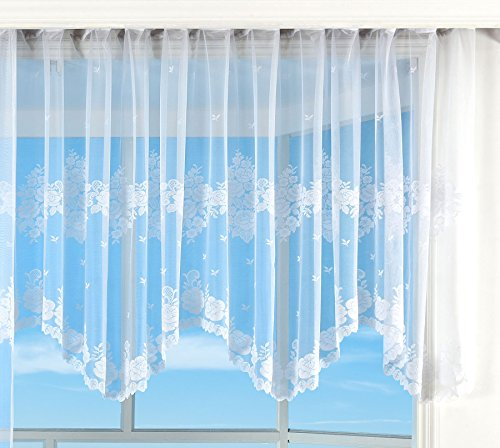 Bogenstore Gardine Jacquard, 145x300, Blumenmuster Weiß Kräuselband Universalband Faltenband Store 13140