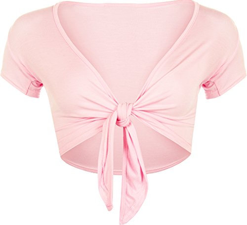 WearAll New Ladies Tie Up Shrug Crop Top Womens Short Sleeve Stretch Open Top Pink 8/10