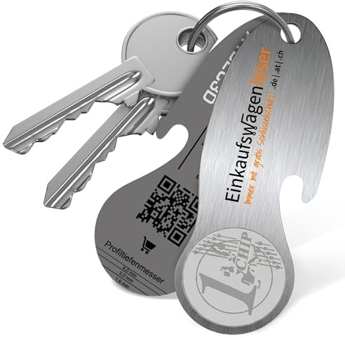 Einkaufswagenlöser Münze Silber (1Stk.) – funktionaler Schlüsselanhänger mit Einkaufswagenchip, Flaschenöffner & Profiltiefenmesser – Einkaufschip mit Fundservice