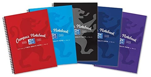 Oxford Campus A4 Notebook, Wirebound, 8 mm Lined with Margin, 140 Page, Pack of 5 Notepads, Bright Colours, Optik Paper+