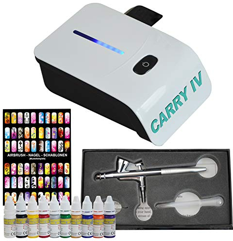Airbrush Set: Airbrush Kompressor Set - Airbrush Komplett Set - Mini Airbrush Carry IV Black - mit Airbrush Nail Farben/Schablonen-Set, Airbrushpistole Single Action mit 0,4mm Nadel-/Düsen-Set
