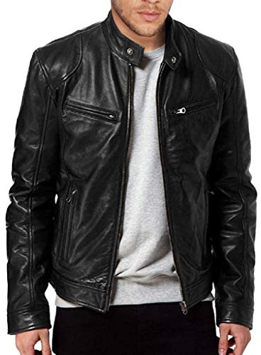 The Leather Factory Men's SWORD Genuine Lambskin Leather Biker Jacket L Black