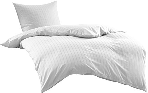 Bettwaesche-mit-Stil Mako Satin Damast Streifen Bettwäsche Garnitur Lima gestreift mit Reißverschluss (Weiß, 140 x 200 + 70 x 90)