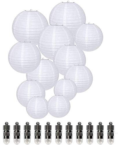 Dazone® 12 Stücke Weiße Papier Laterne Lampions rund Lampenschirm + 12er Warmweiße Mini LED-Ballons Lichter Hochtzeit Dekoration Papierlaterne