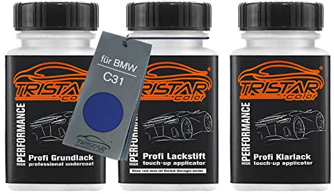 TRISTARcolor Autolack Lackstifte für BMW C31 Portimao Blau Metallic +1K | Set aus Grundlack + Basislack + Klarlack, Lackfläschchen mit Pinsel, je 50ml