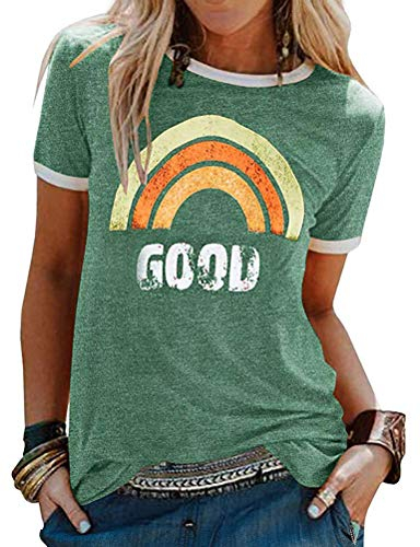 Dresswel Damen Good T-Shirt Regenbogen Muster Shirt Rundhals Kurzarm/Langarmshirt Oberteile Hemd Tops Bluse (2-Green, L)
