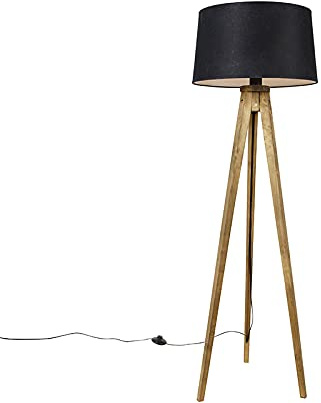 Qazqa Landhaus Tripod Lampe, Tripod Leuchte - Tripod_classic - Schwarz, Holz, max. 60W, Geeignet für LED, 136cm, Ideal als Schlafzimmerlampe und Wohnzimmerlampe