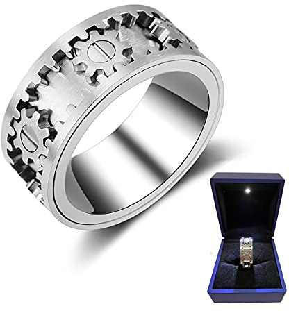 AMZCOM Spinner Ring für Männer Angst Linderung, Mechanischer Zahnrad-Drehring, Edelstahl Zappelringe für Jugendliche, Stress abbauen Fingerspielzeug, Schmuck mit Geschenkbox,12