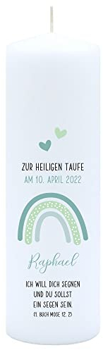 Miss Lovely Taufkerze für Mädchen & Jungen personalisert Regenbogen GRÜN mit Namen Taufdatum & Taufspruch Paten-Geschenk & Baby-Geschenk
