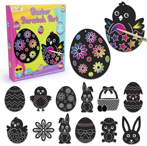 abeec Easter Scratch Art Kit – 48x Rainbow Scratch Templates with Easter Bunny, Chick & Egg Designs – Easter Crafts for Kids – Hanging Easter Decorations & DIY Art Set with Tools & Ribbons