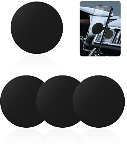 Rouclo Juego de 4 Placas de Metal Autoadhesivas con Adhesivo para el Coche, Placas de Metal Muy Finas para teléfono móvil y Tablet (Negro-Redondos)