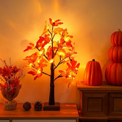 KASZOO Décoration d'automne Feuille d'érable Arbre Lumières avec 24 LED, Arbre lumineux de 60 cm pour l'intérieur Décoration d'automne avec minuterie et USB & piles Arbre lumineux Décoration