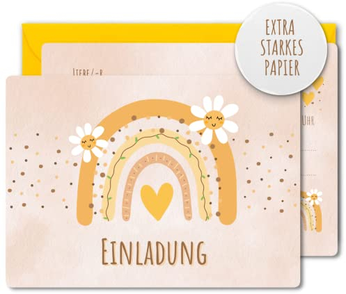 Generisch 12 x Einladungskarten Umschläge für Mädchen Kindergeburtstag – Gelbe Karten mit Regenbogenmotiv – Die süßen Karten sind die perfekte Einladung zur Geburtstagsfeier