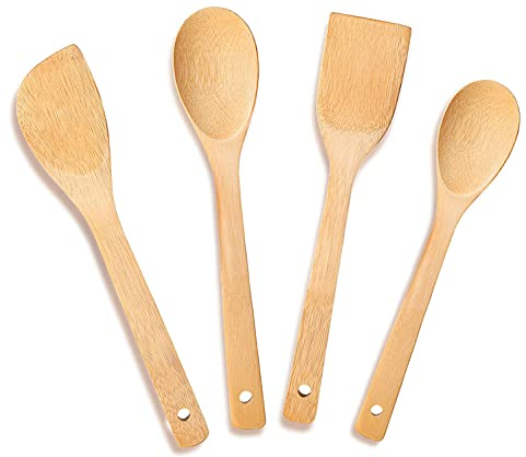 Juego de 4 Utensilios de Cocina de Bambú Natural, Set Utensilios de Cocina de Bambú para Menaje de Cocina Antiadherentes y Resistente al Calor (Cuchara Larga, Cuchara Corta, Espatula y Paleta)