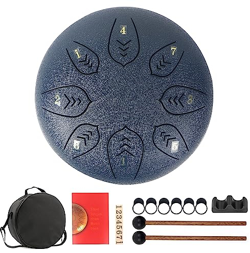 Steel Tongue Drum 6 Inch 8 Tones Tank Drum C Key Percussion Steel Drum Kit with Drum Mallets Note Stickers Finger Picks Bracket and Gig Bag