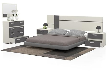 DUEHOME | Pack de Dormitorio con Cabecero + 2 Mesitas de Noche + Comoda y Espejo, Conjunto de Dormitorio, Modelo Ataneq Air 4c, Acabado en Blanco y Grafito, CP_ATANEQAIR4C