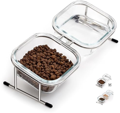 Hannadepot Elevated Cat Bowls, 15° Tilted Glass Raised Cat Food Bowl with Stainless Steel Stand, 2 Large Capacity Glass Cat Bowls and 4 Anti Slip Feet, Suitable for Cats and Little Dogs