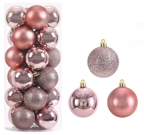 24 Stück Weihnachtskugeln, Kunststoff Weihnachtsdeko Weihnachtsbaum Deko & Christbaumschmuck, Weihnachtsschmuck Baumkugel Ornamente Ø 6 cm (Roségold)