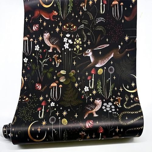 Neukids Black Floral Jungle Animals Wallpaper, 40x250cm, Self-Adhesive, Plastic, Vintage Floral Animal Style, Smooth Surfaces, Black