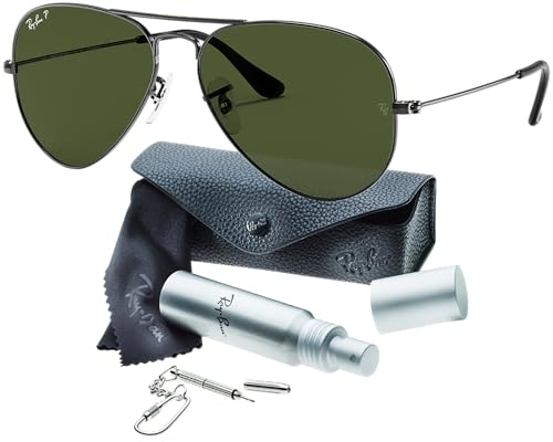 Ray-Ban Pilot Aviator Original mit Care-Kit (Gunmetal | Green Polarized, Large 58)