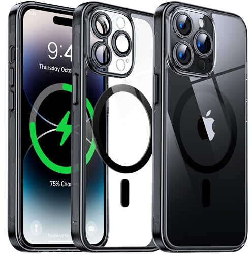 Flyzoo Funda Magnética Transparente para iPhone 14 Pro MAX [con Protector de Lente de Cámara] [Anti-Amarillo] A Prueba de Golpes, Resistente Arañazos, Silicona Bumper PC Back, 6,7, Negro
