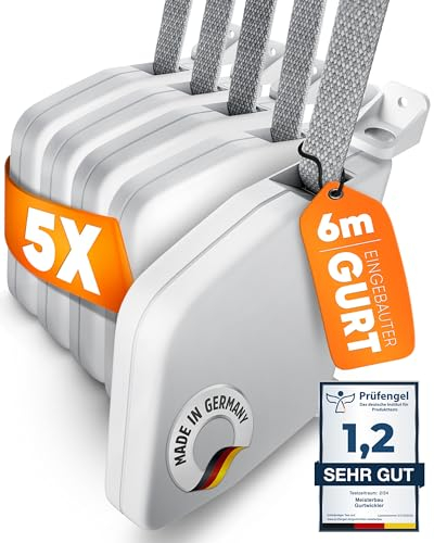 MEISTERBAU - Rolladen Gurtwickler Aufputz 14mm [Made in Germany] - 5 Stück - Aufklappbarer Rollladen Aufwickler mit Integriertem 6m Rolladengurt 14mm - 180° schwenkbarer Rolladen-Gurtwickler