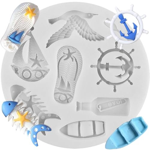 MINFEIDMS Moule en silicone en forme d'ancre de bateau - Mini pantoufle - Moule à fondant - Mouette - Arête de poisson - Raie de mer - Moules pour décoration de gâteaux en sucre - Décoration de