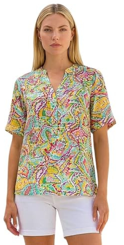 Roman Originals V-Neck Top for Women UK - Ladies Buttoned Short Sleeve Blouse Shirt T-Shirt Everyday Holiday Summer Casual Smart Office Work Casualwear Leisure Party - Abstract Blue - Size 14