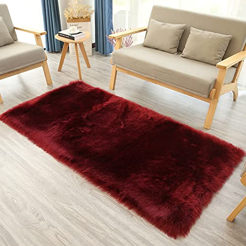 YUGWNN Rotwein Lammfell Teppich Flausch Fell füR Couch,Waschbar Fell füR Sessel Stuhl Decke,Rechteckig 70x180cm/27,5x70,7in