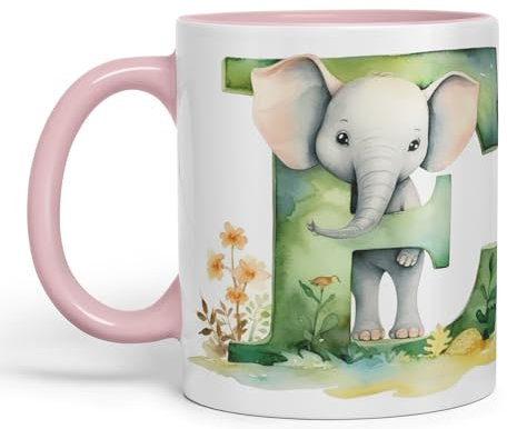Vixar Letter E Mug, Animals Alphabet Letter E Monogram Animal for Kids Ceramic Coloured Mug Cup for Tea Coffee Hot Brew 330ml 11Oz Gift (Pink)