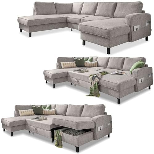 MIUFORM Molly U mit Bettkasten | limitierter Polsterstoff | 8 Sitzer Ecksofa | L-Form Links | 298 x 198 x 88cm Couch | Klappsofa mit Schlaffunktion | Schlafsofa klappbar (Salz&Pfeffer)
